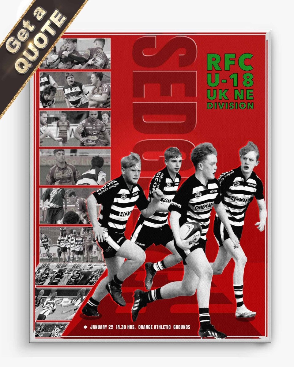 Promotional poster for Rugby Divisional event with players and a collage of images on a red background in great action shot printed in canvas wrap.