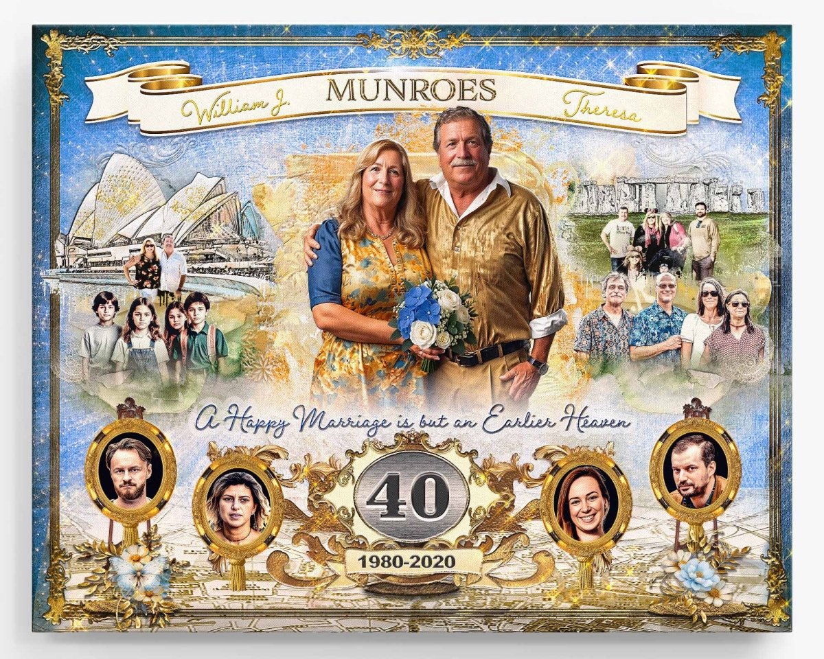 Personalized anniversary print with couple's photo and family members in a customised decorative composition printed in canvas wrap.