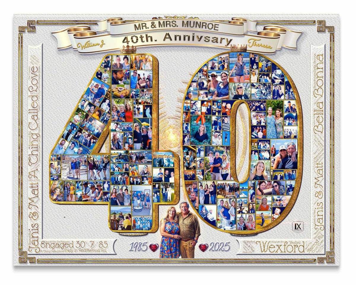40th anniversary off-white  photo collage with personalized details on a purple background printed on giclee fine art materials.