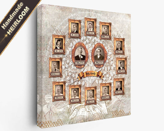 Family tree wall art with portraits on a textured background, labeled 'Handmade Heirloom'.