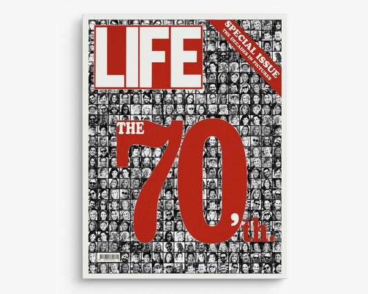A promotional image featuring a collage of black and white photos with a prominent red text overlay stating '70', indicative of a custom photo collage service offered by LIFE Mag.