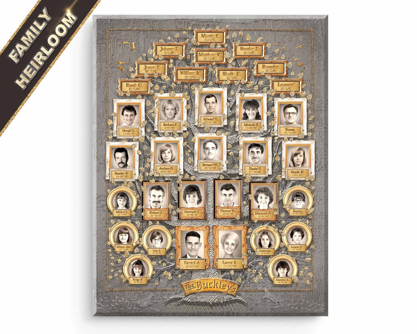 Family heirloom tree chart with portraits on a textured background
