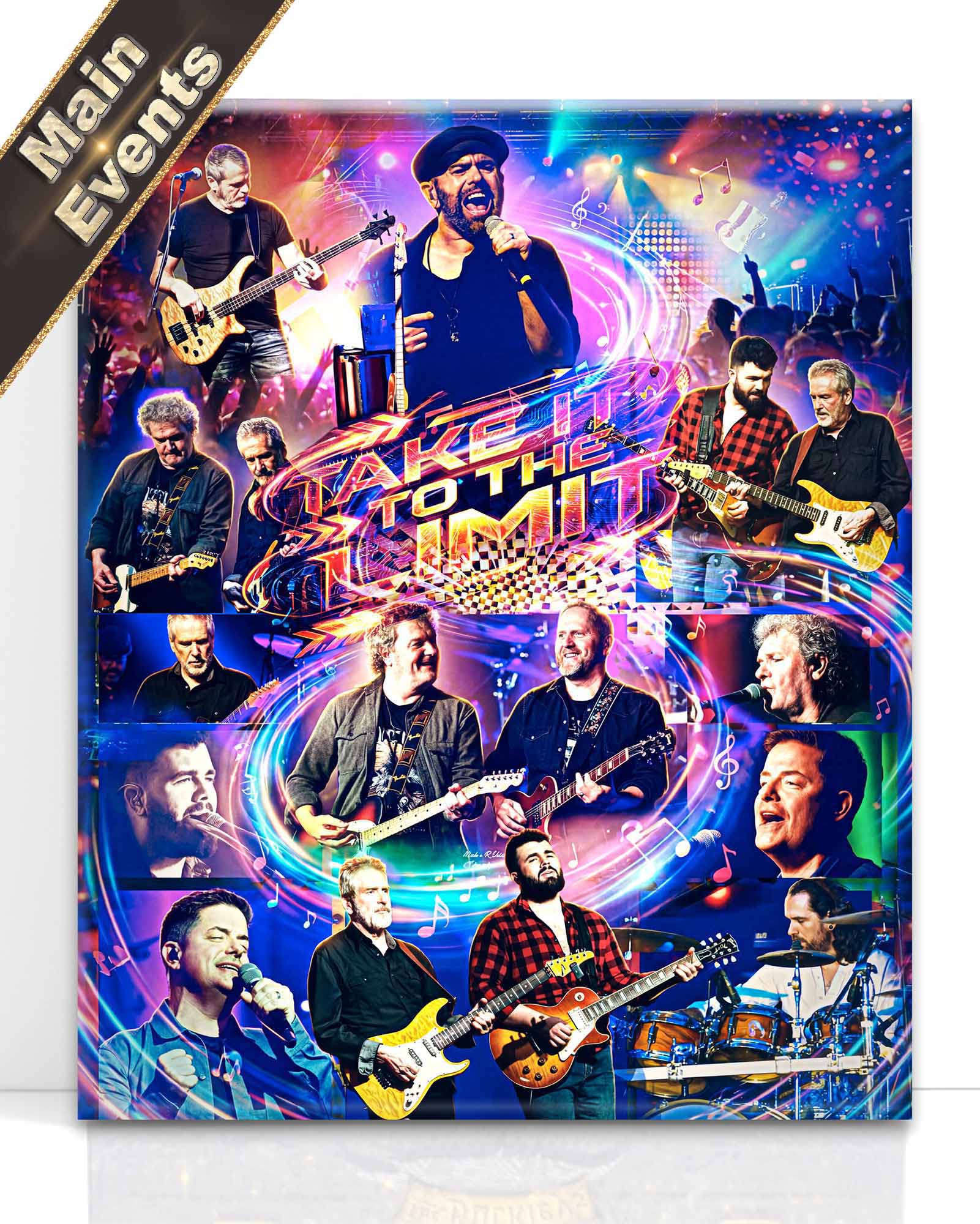 Promotional poster for a band with multiple members playing instruments against a colorful background.