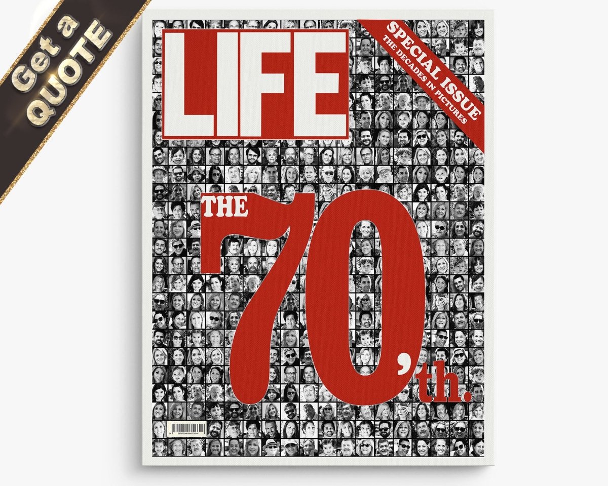 A promotional image featuring a collage of black and white photos with a prominent red text overlay stating '70', indicative of a custom photo collage service offered by LIFE Mag.