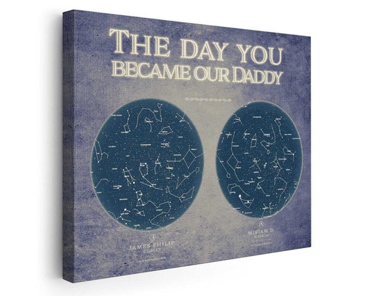 A custom star map titled 'The Day You Became Our Daddy' showing personalized constellations with names, intended as a personalized gift.