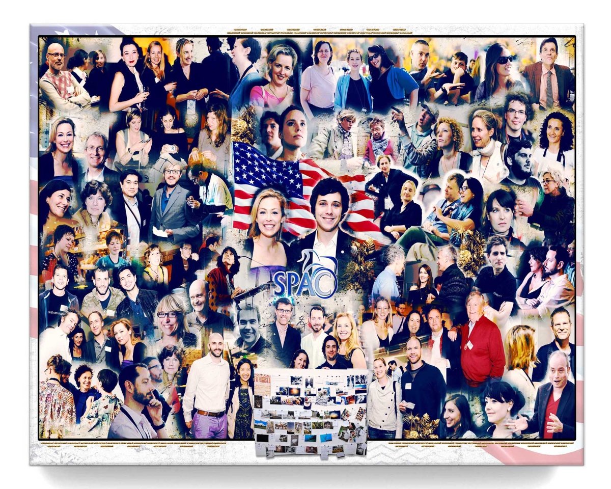 A custom business  photo collage featuring various individuals, with a prominent American flag and a company event 'SPC' logo, at a business convention.