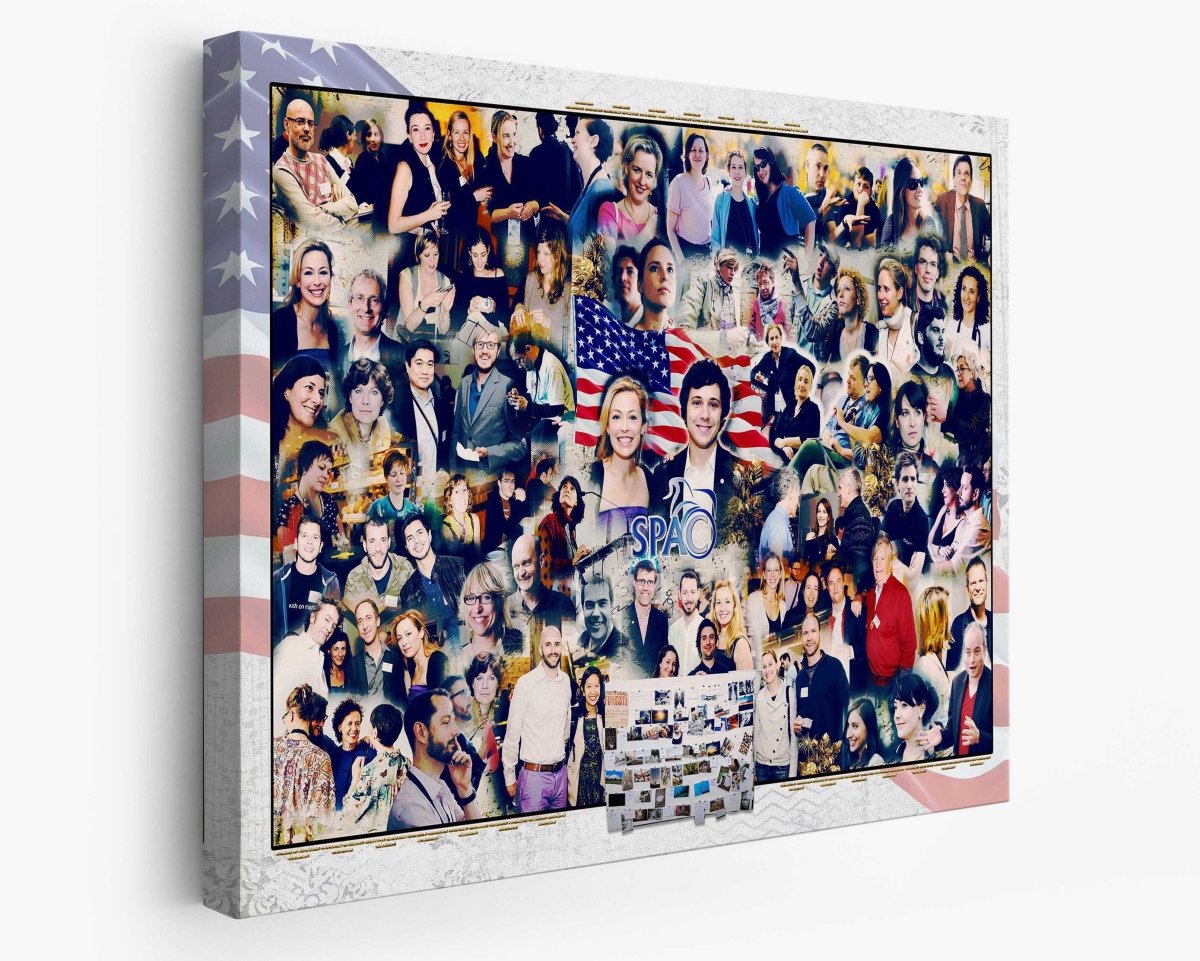 A custom business  photo collage featuring various individuals, with a prominent American flag and a company event 'SPC' logo, at a business convention.