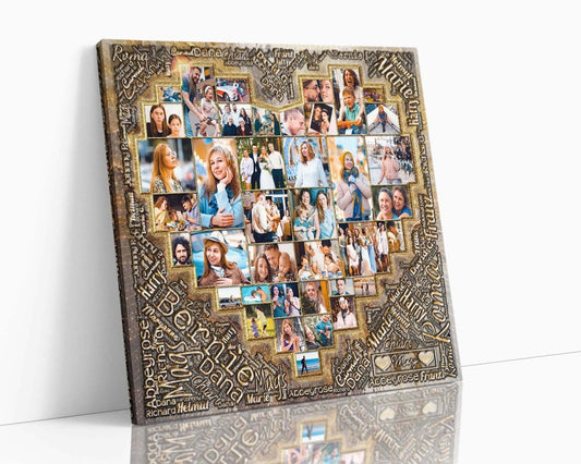 A typographical and custom photo collage wall art featuring multiple heart shapes and family photos arranged within the design. gold Theme & Square orientation. Printed on canvas.
