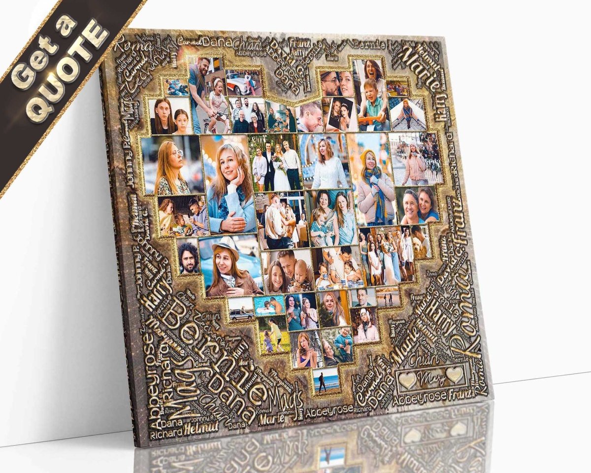 A typographical and custom photo collage wall art featuring multiple heart shapes and family photos arranged within the design. gold Theme & Square orientation. Printed on canvas.